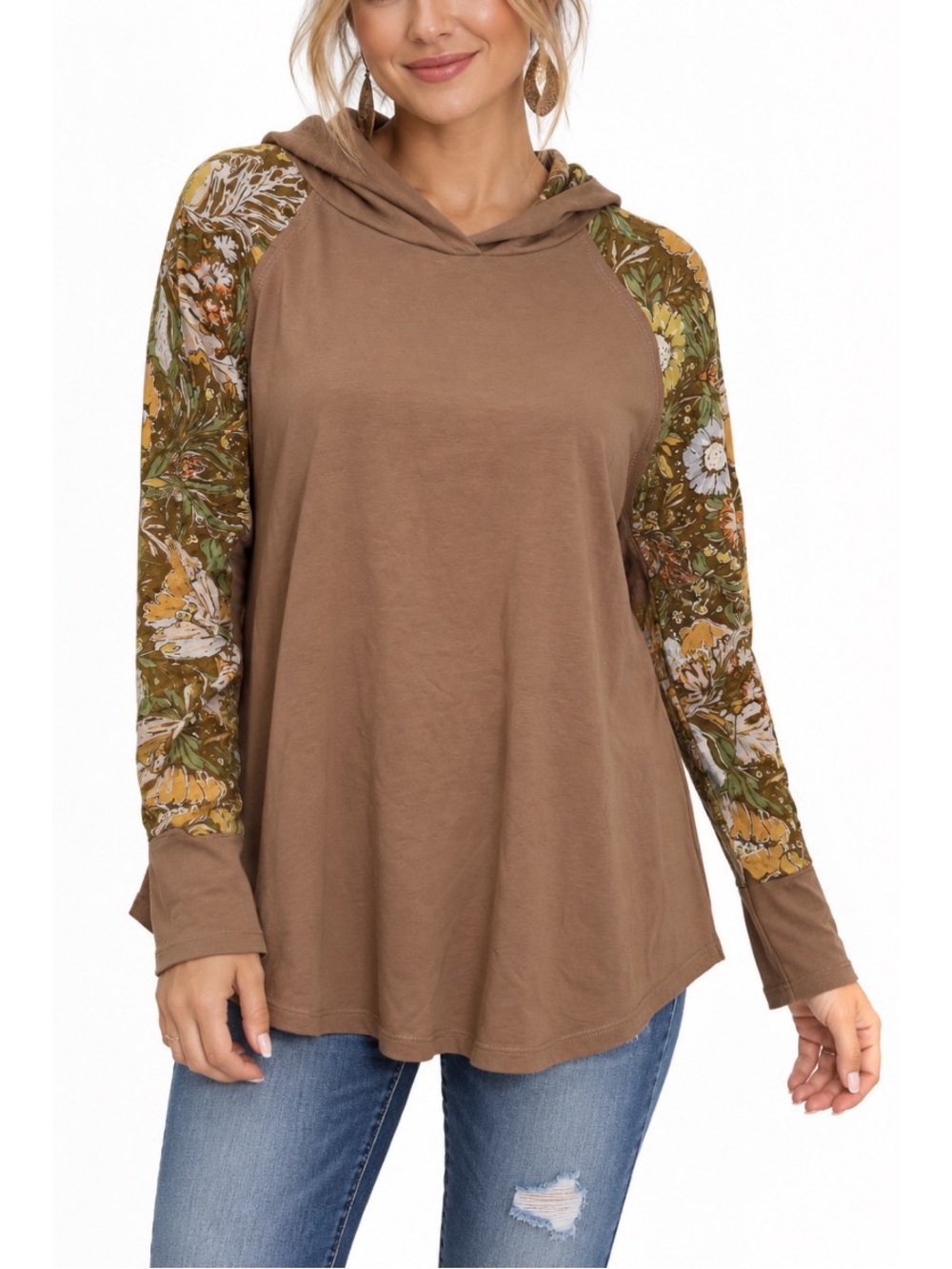 Doe & Rae Taupe-brown hooded tunic top featuring floral-print raglan sleeves
